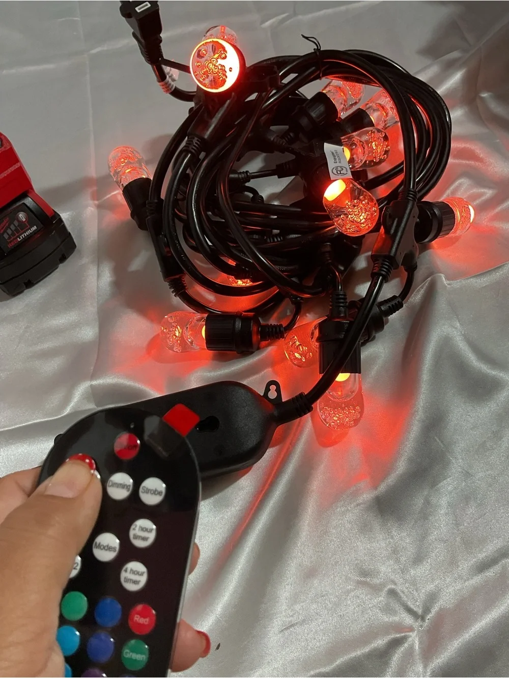 Red LED String Lights with Remote Control - Black Cord